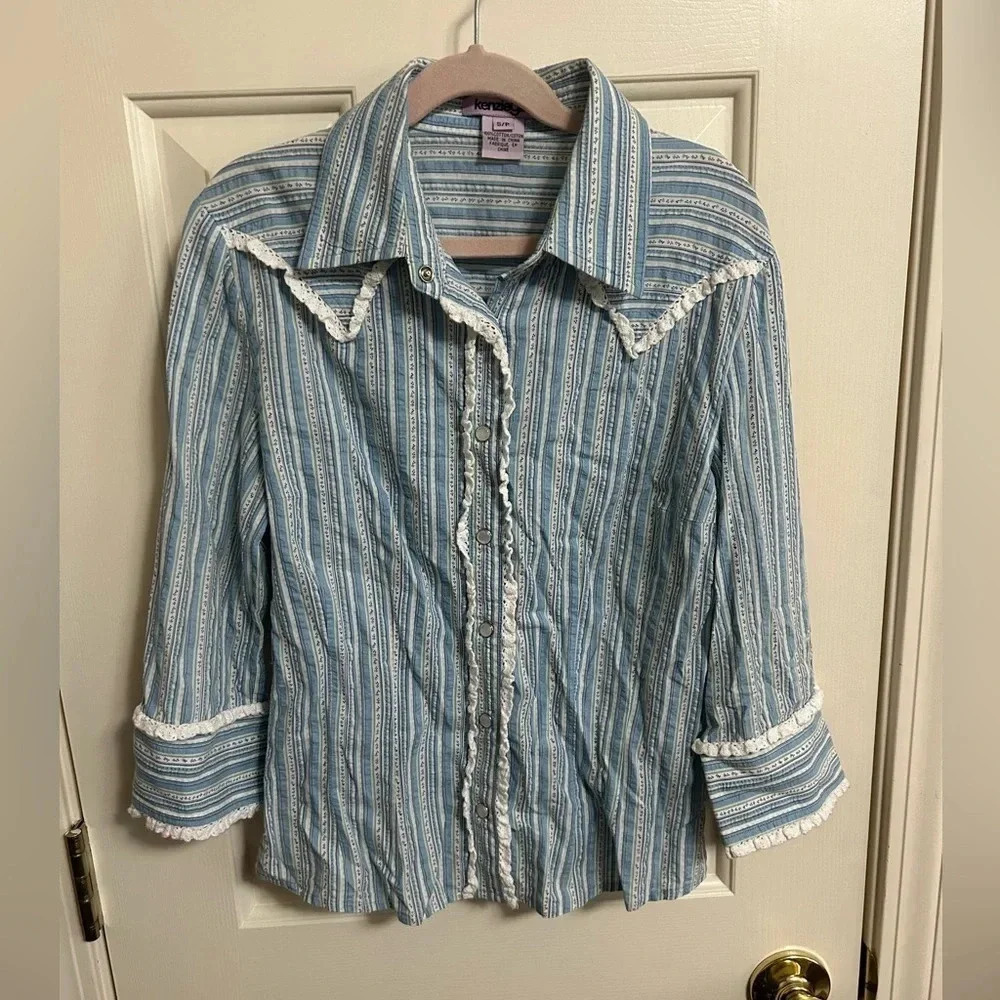 Kenzie Girl Boho Western Pearl Snap Button‎ Shirt Small (7/8)